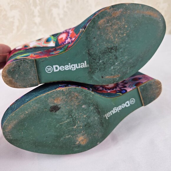 Desigual Size 38 (US 7.5-8) Multicolor Printed Fabric Wedge Heel Round Toe - Picture 9 of 15
